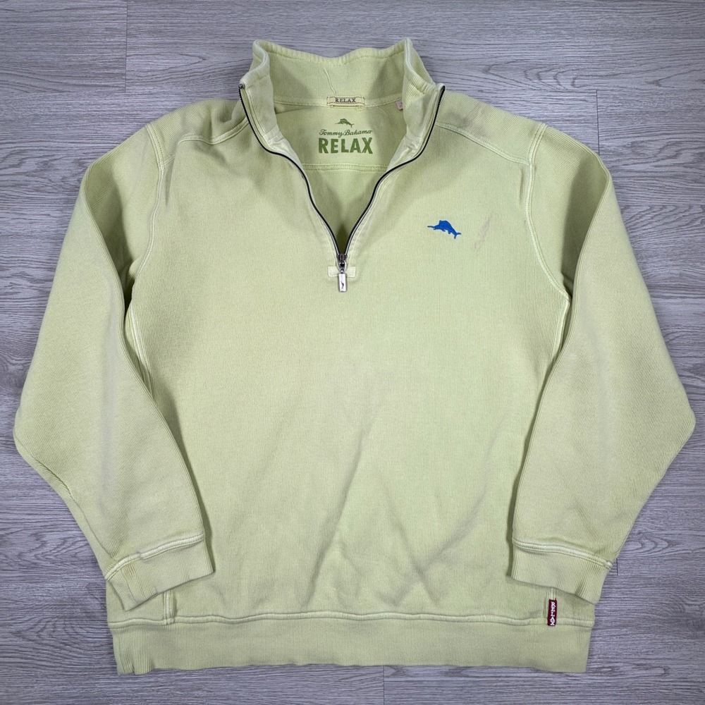 Tommy Bahama Mens Pullover Relax Quarter Zip Yellow XL Cotton Ribbed Sweater